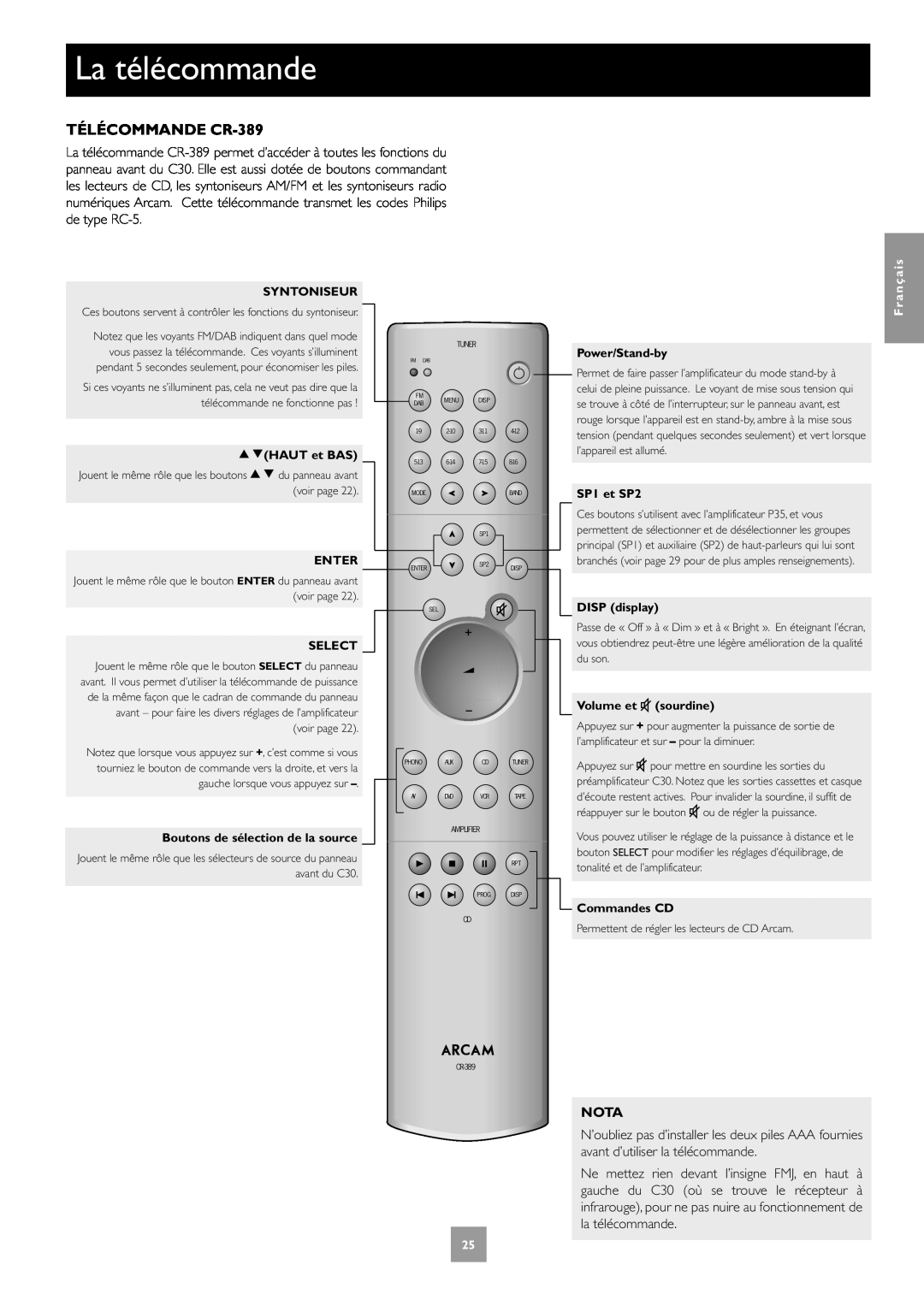 Arcam P1, P35, C30 manual La télécommande, TÉLÉCOMMANDE CR-389 