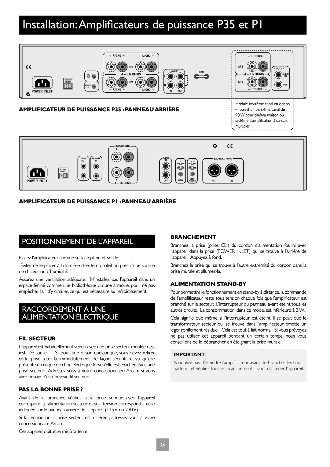 Arcam C30 manual AMPLIFICATEUR DE PUISSANCE P35 PANNEAU ARRIÈRE, AMPLIFICATEUR DE PUISSANCE P1 PANNEAU ARRIÈRE, Fil Secteur 
