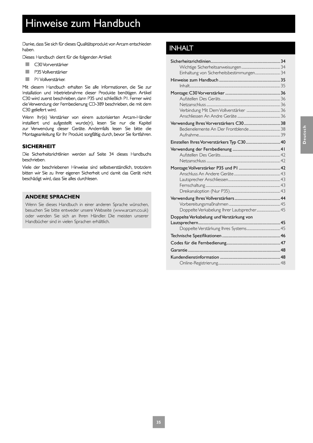 Arcam C30, P35, P1 manual Hinweise zum Handbuch, Sicherheit, Andere Sprachen, Inhalt, Deutsch 