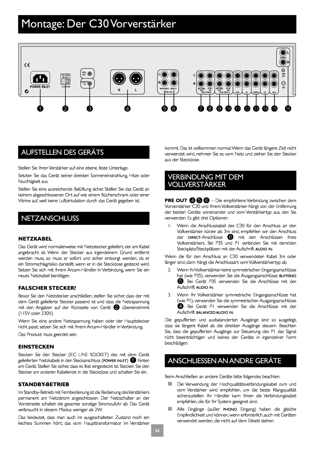 Arcam P35, P1 manual Montage Der C30 Vorverstärker, Aufstellen Des Geräts, Netzanschluss, Verbindung Mit Dem Vollverstärker 