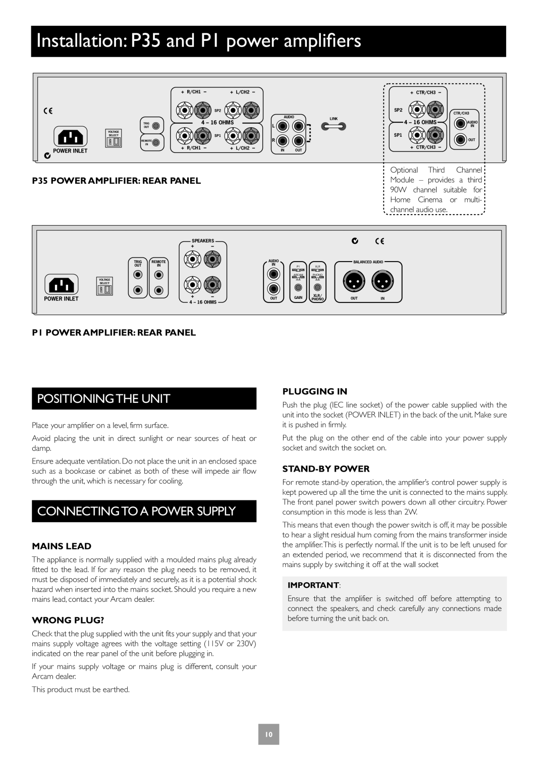 Arcam manual Installation P35 and P1 power amplifiers, P35 Power Amplifier Rear Panel, P1 Power Amplifier Rear Panel 