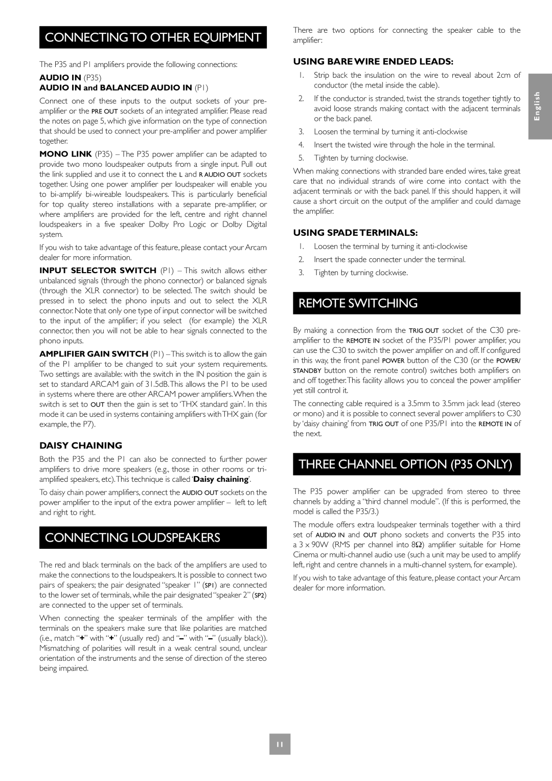 Arcam P35 Connecting Loudspeakers, Remote Switching, Daisy Chaining, Using Bare Wire Ended Leads, Using Spade Terminals 