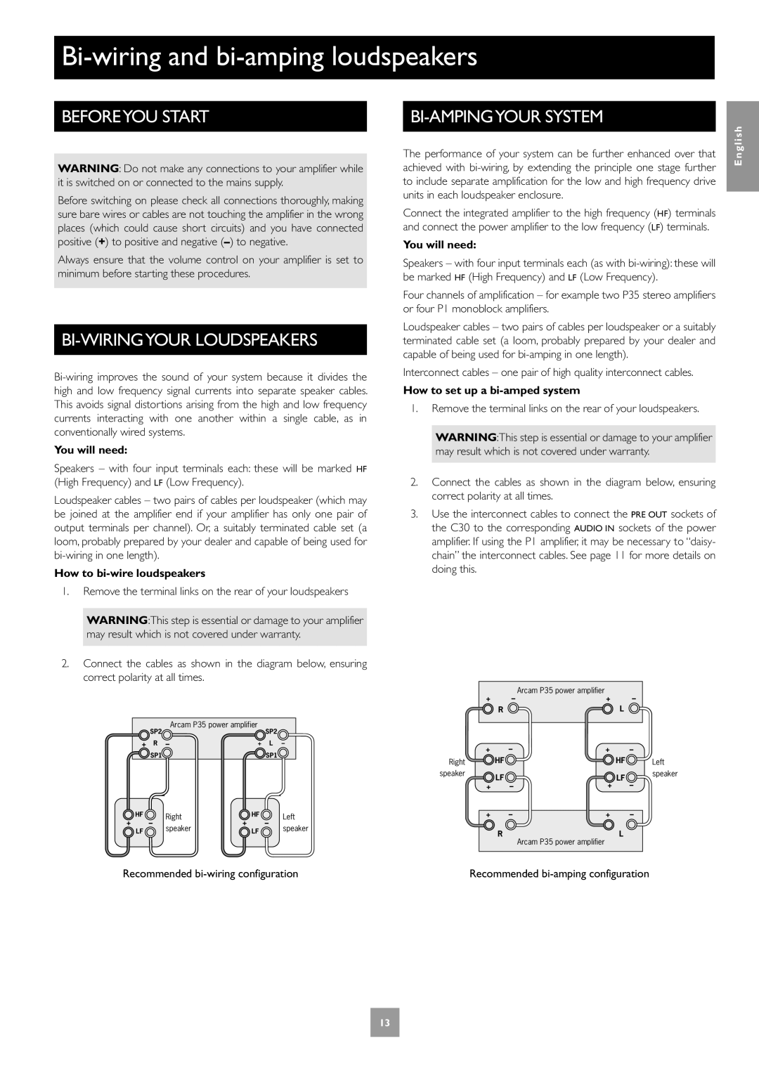 Arcam P35 manual Bi-wiring and bi-amping loudspeakers, Beforeyou Start, BI-WIRINGYOUR Loudspeakers, BI-AMPINGYOUR System 