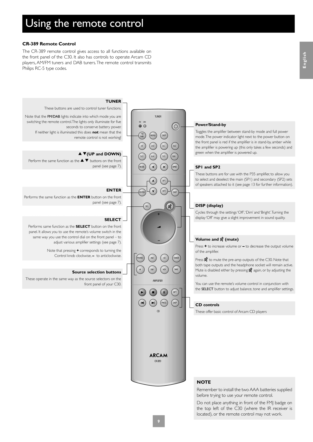 Arcam P35 manual Using the remote control, CR-389 Remote Control 