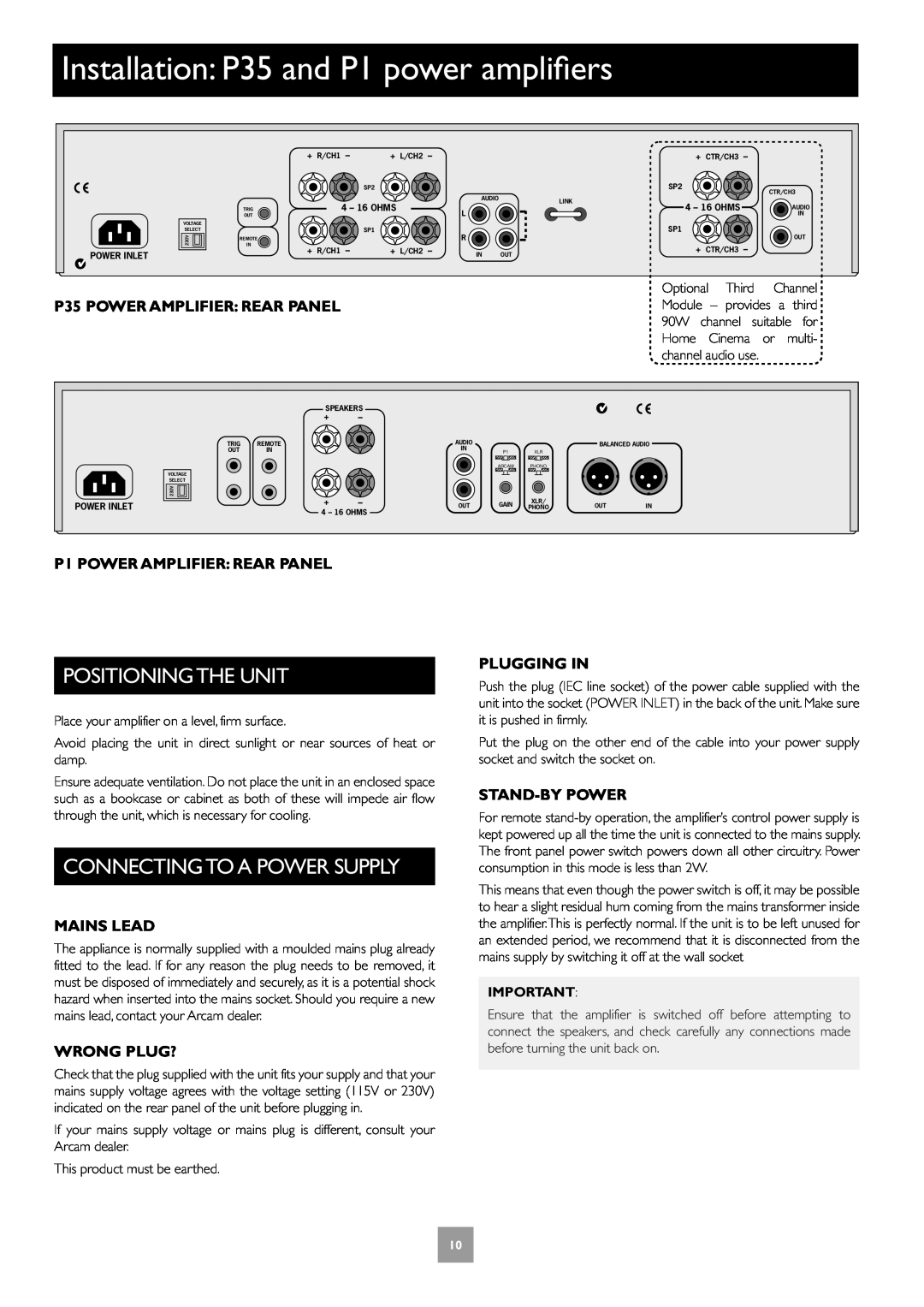 Arcam manual Installation P35 and P1 power amplifiers, P35 POWER AMPLIFIER REAR PANEL, P1 POWER AMPLIFIER: REAR PANEL 