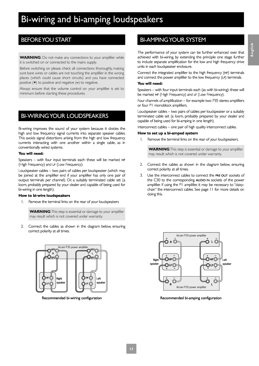 Arcam P35 manual Bi-wiringand bi-ampingloudspeakers, Beforeyou Start, Bi-Wiringyourloudspeakers, Bi-Ampingyoursystem 