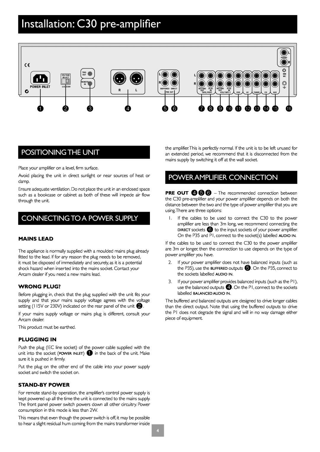 Arcam P35 Installation C30 pre-amplifier, Positioningthe Unit, Connectingto A Power Supply, Power Amplifier Connection 