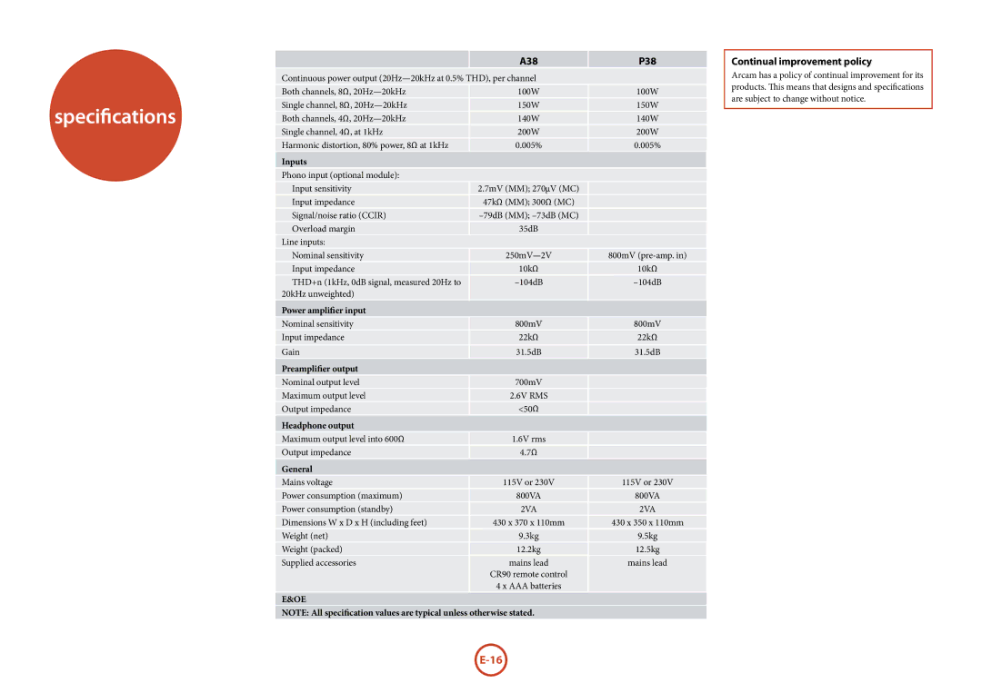 Arcam P38, A38 manual Specifications, Continual improvement policy 