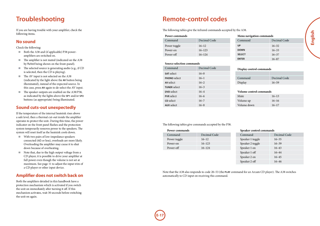 Arcam A38, P38 manual No sound, Sound cuts-out unexpectedly, Amplifier does not switch back on 