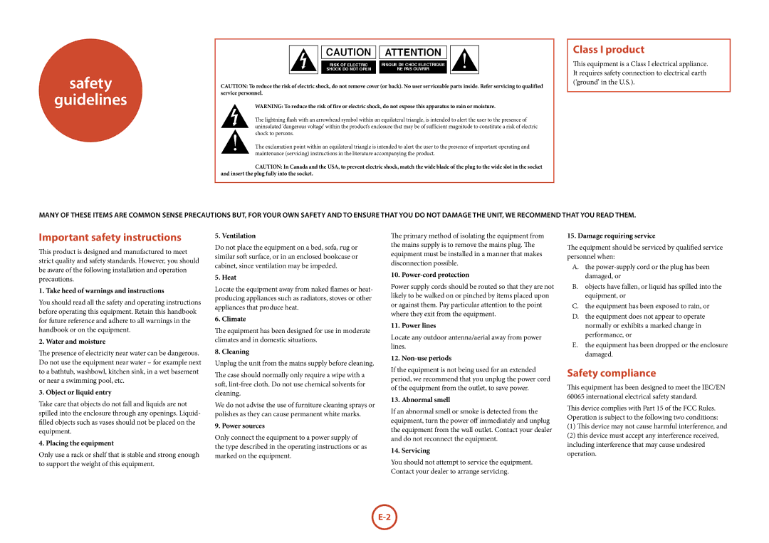 Arcam P38, A38 manual Safety Guidelines, Class I product, Important safety instructions, Safety compliance 