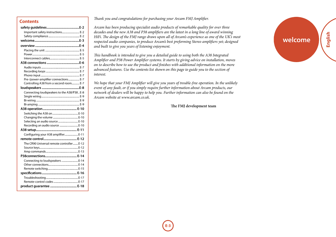 Arcam A38, P38 manual Welcome, Contents, English 