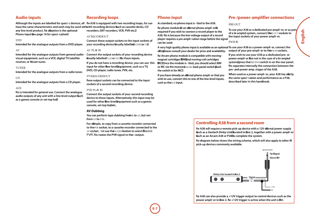 Arcam Audio inputs, Recording loops, Phono input, Pre-/power-amplifier connections, Controlling A38 from a second room 