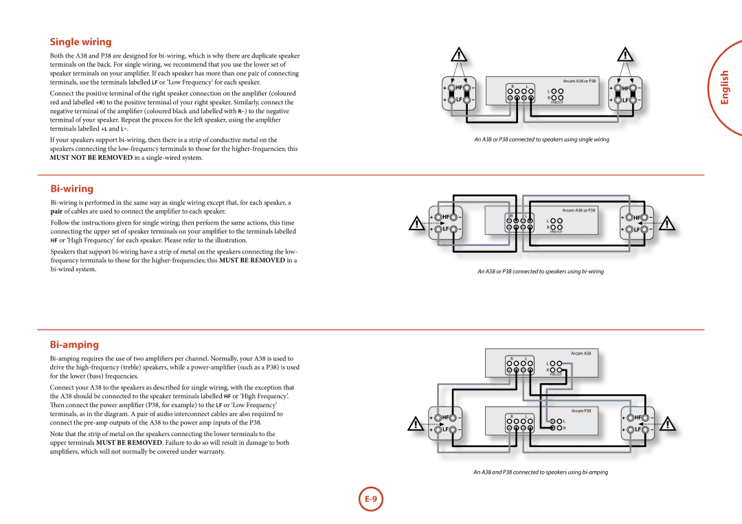 Arcam A38, P38 manual Single wiring, English Bi-wiring, Bi-amping 