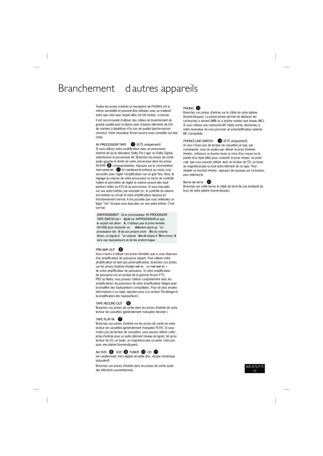 Arcam P75, A65 manual Branchement à d’autres appareils, AV PROCESSOR/TAPE br A75 uniquement, Tape Play, Borne de terre bo 