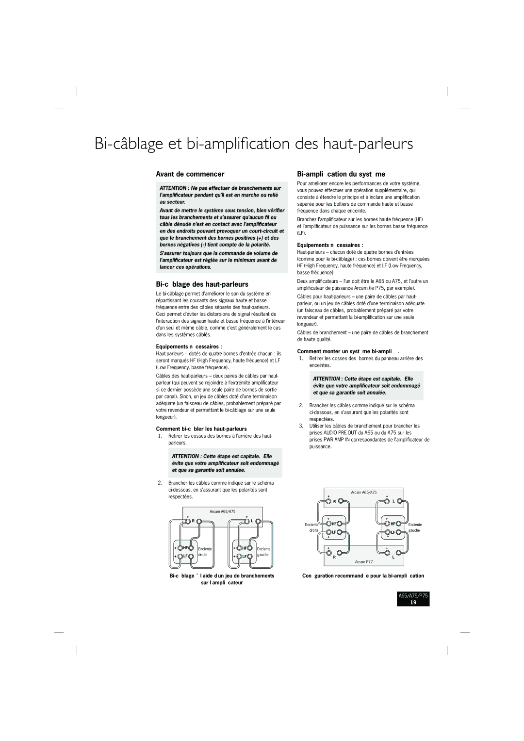 Arcam A65, P75, A75 manual Bi-câblage et bi-ampliﬁcation des haut-parleurs, Avant de commencer, Bi-câblage des haut-parleurs 