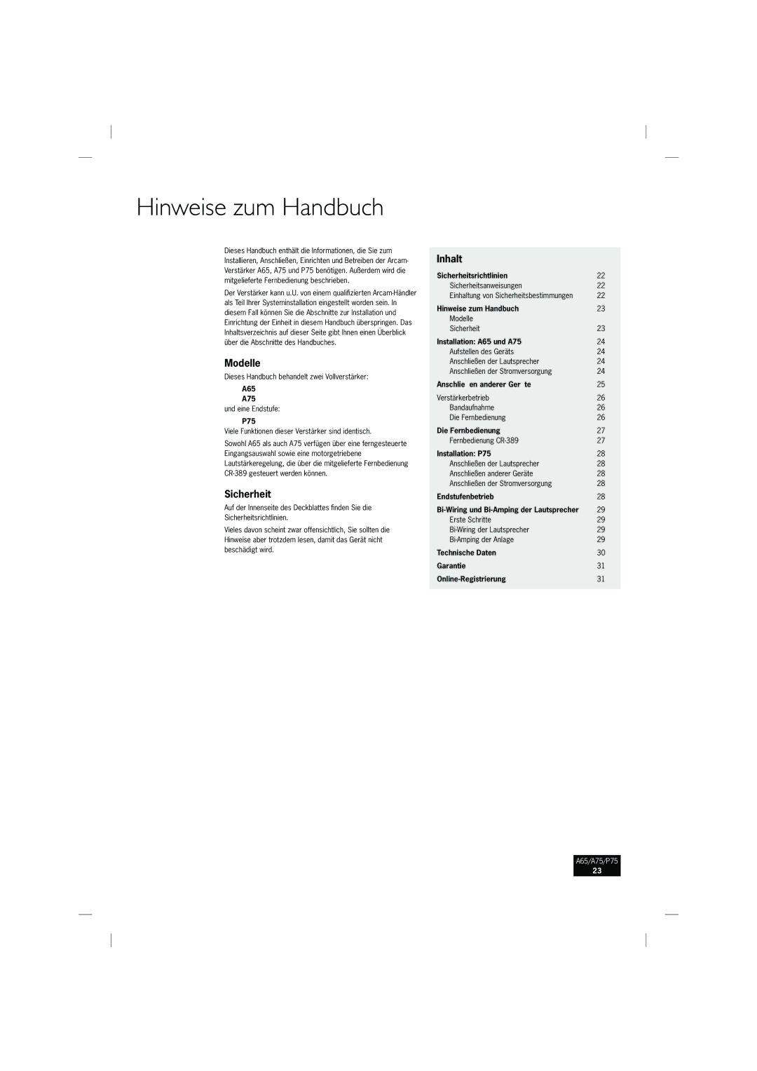 Arcam A75, P75, A65 manual Hinweise zum Handbuch, Modelle, Sicherheit, Inhalt 