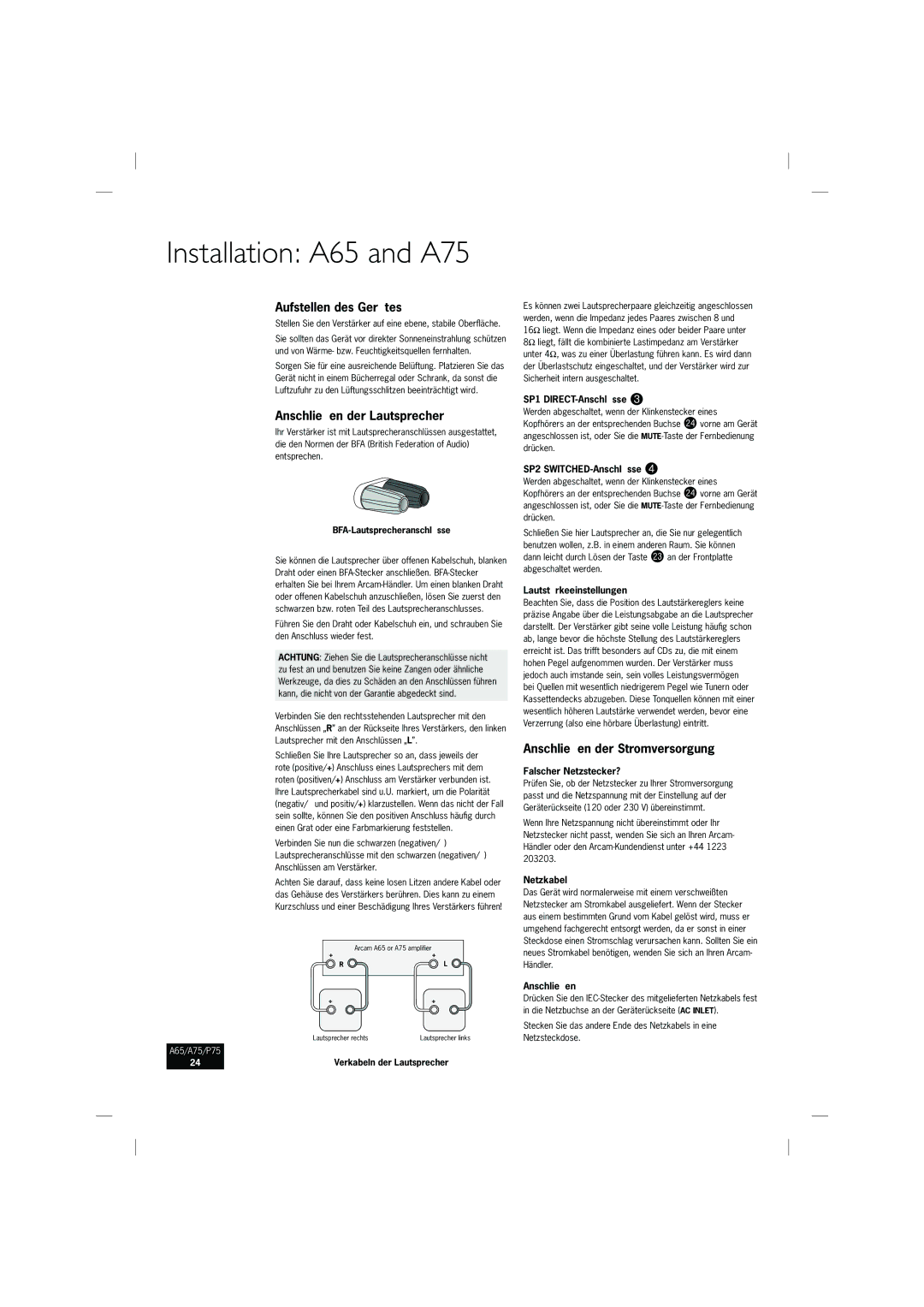 Arcam P75, A65, A75 manual Aufstellen des Gerätes, Anschließen der Lautsprecher, Anschließen der Stromversorgung 