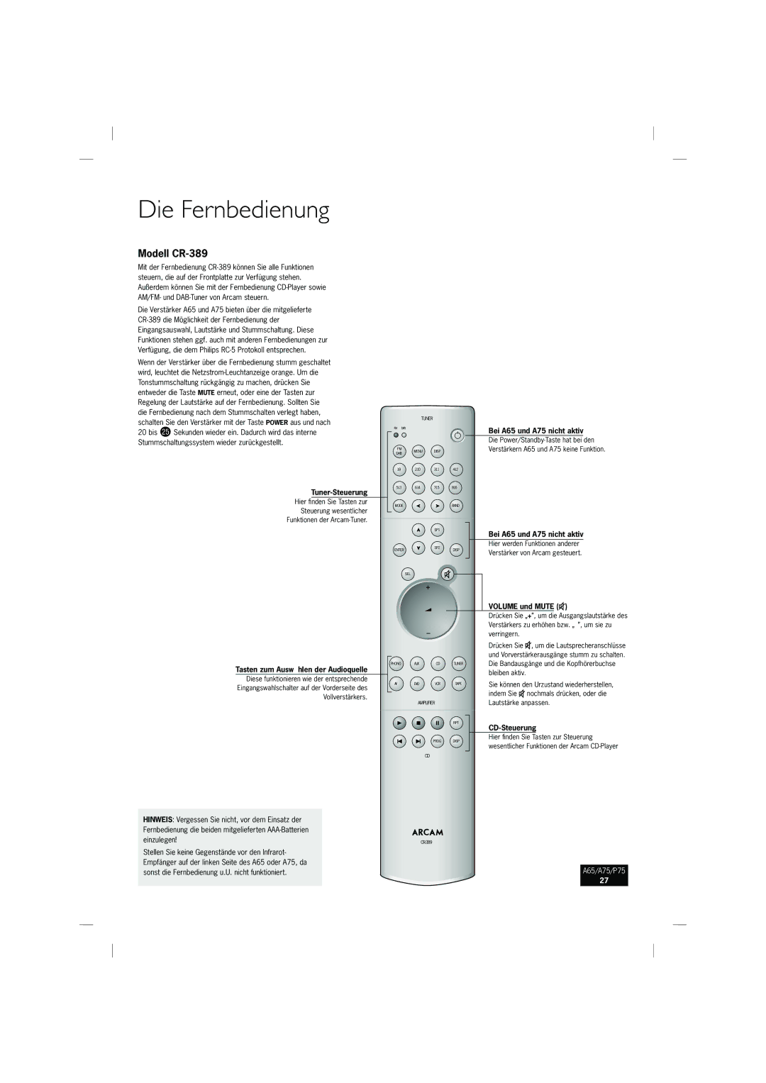 Arcam P75, A65, A75 manual Die Fernbedienung, Modell CR-389 