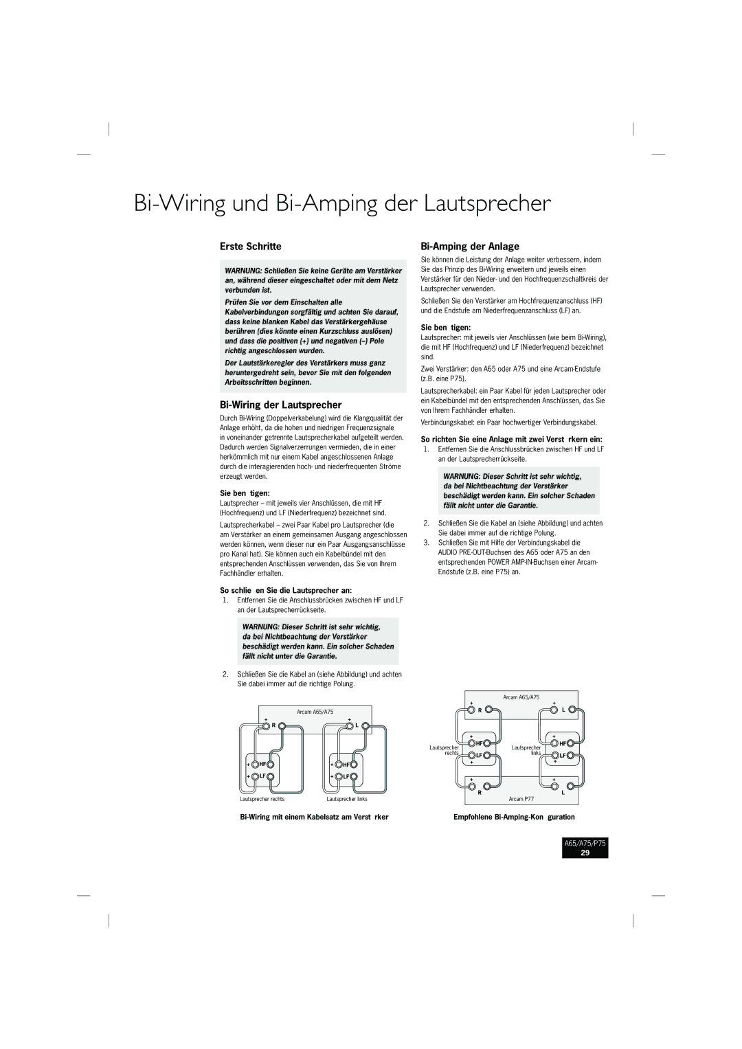 Arcam A75, P75, A65 manual Bi-Wiring und Bi-Amping der Lautsprecher, Erste Schritte, Bi-Wiring der Lautsprecher 