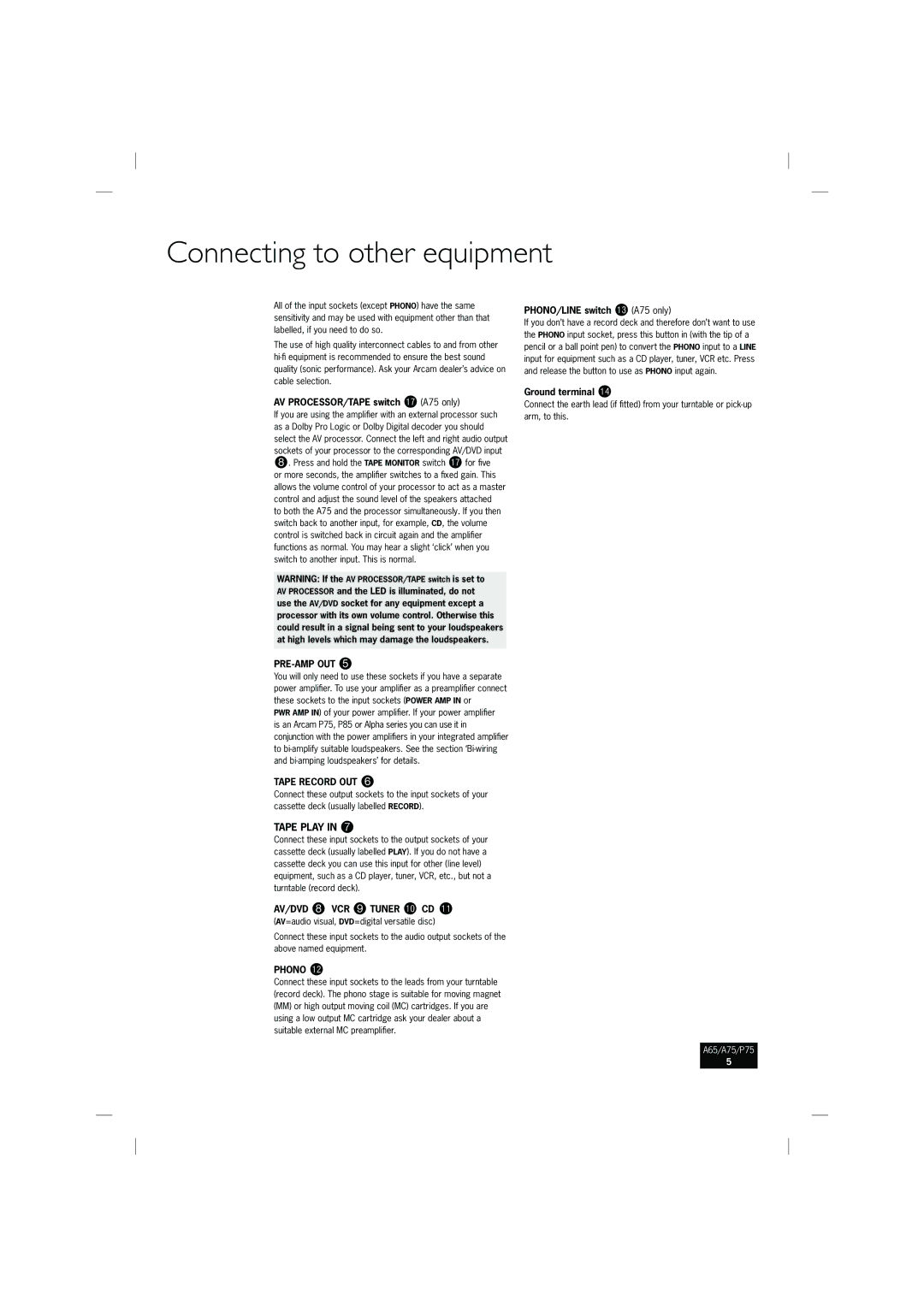 Arcam A75, P75, A65 manual Connecting to other equipment, Pre-Amp Out, Tape Record OUT 