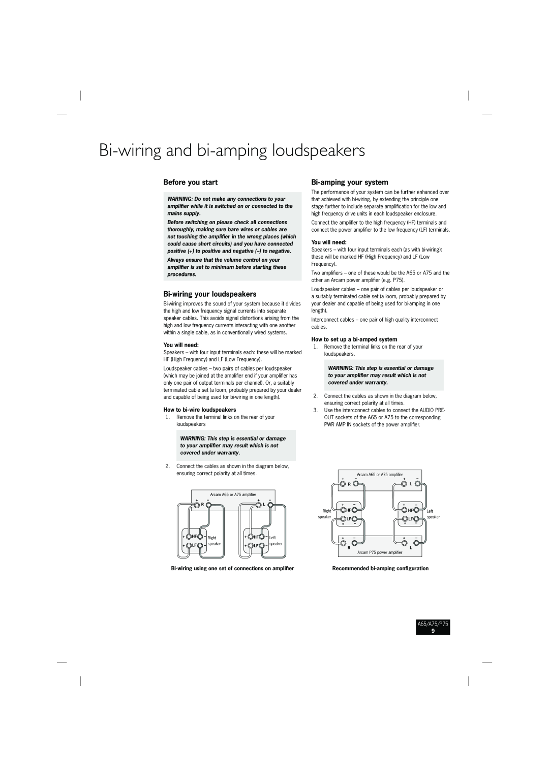 Arcam P75, A65, A75 Bi-wiringand bi-ampingloudspeakers, Before you start, Bi-wiringyour loudspeakers, Bi-ampingyour system 