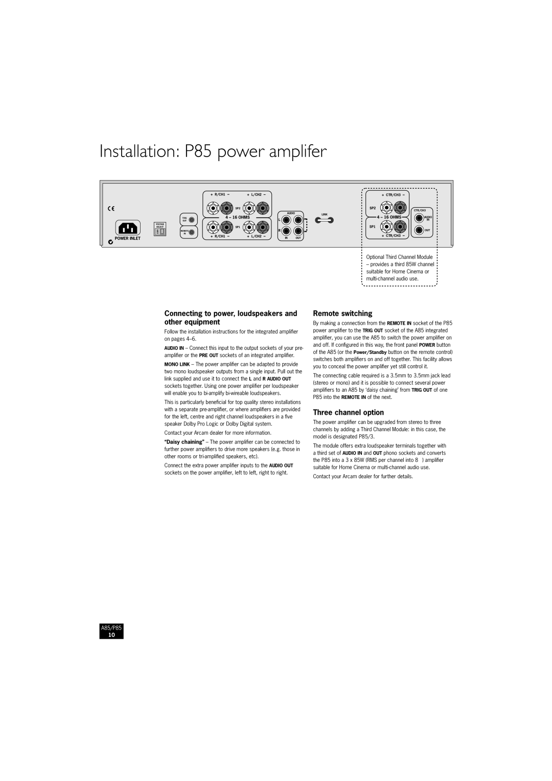 Arcam P85/3, A85 Installation P85 power amplifer, Connecting to power, loudspeakers and other equipment, Remote switching 