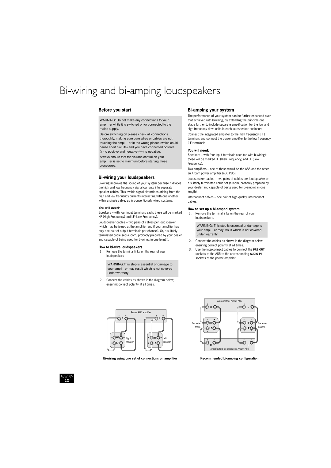 Arcam P85/3, A85 manual Bi-wiring and bi-amping loudspeakers, Before you start, Bi-wiring your loudspeakers 