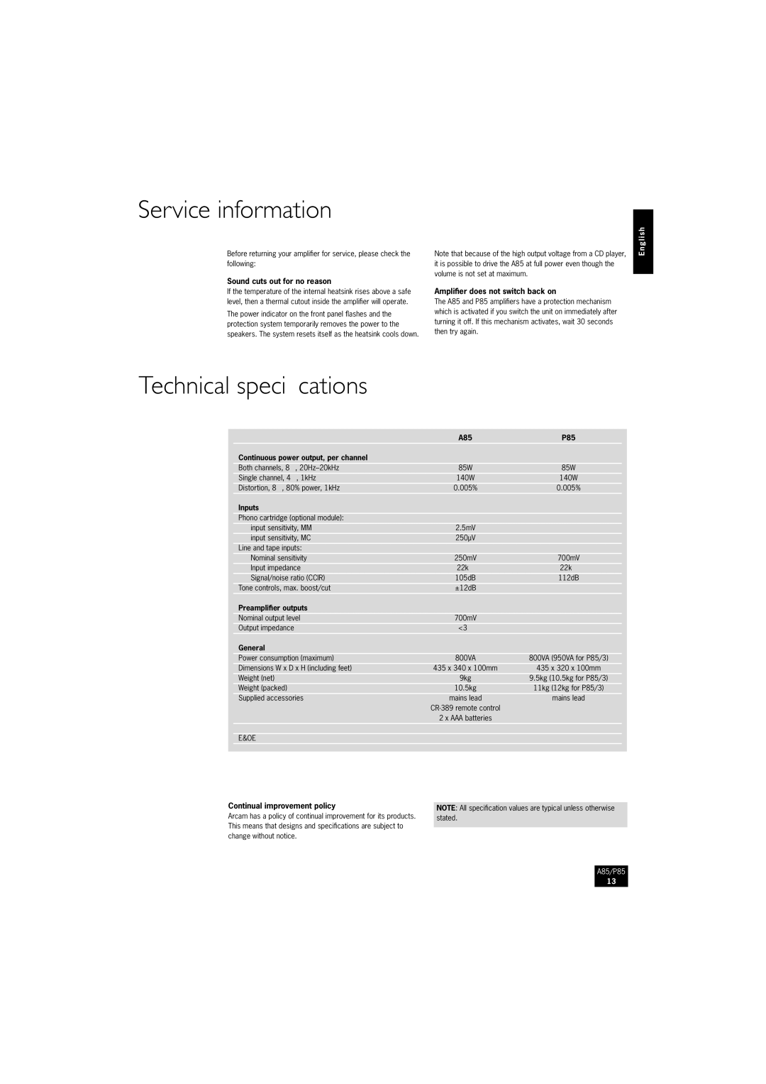 Arcam P85/3, A85 manual Service information, Technical speciﬁcations 