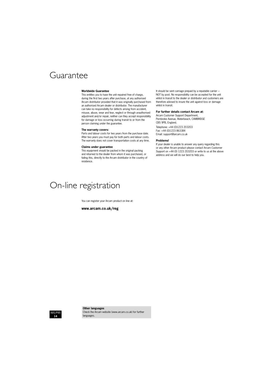 Arcam A85, P85/3 manual Guarantee, On-line registration 