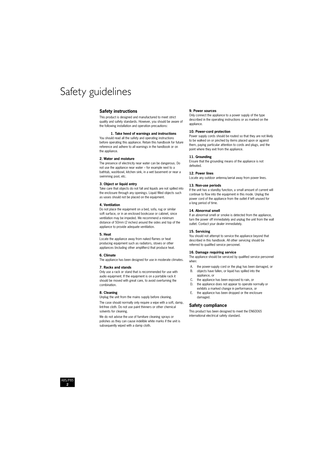 Arcam A85, P85/3 manual Safety guidelines, Safety instructions, Safety compliance 