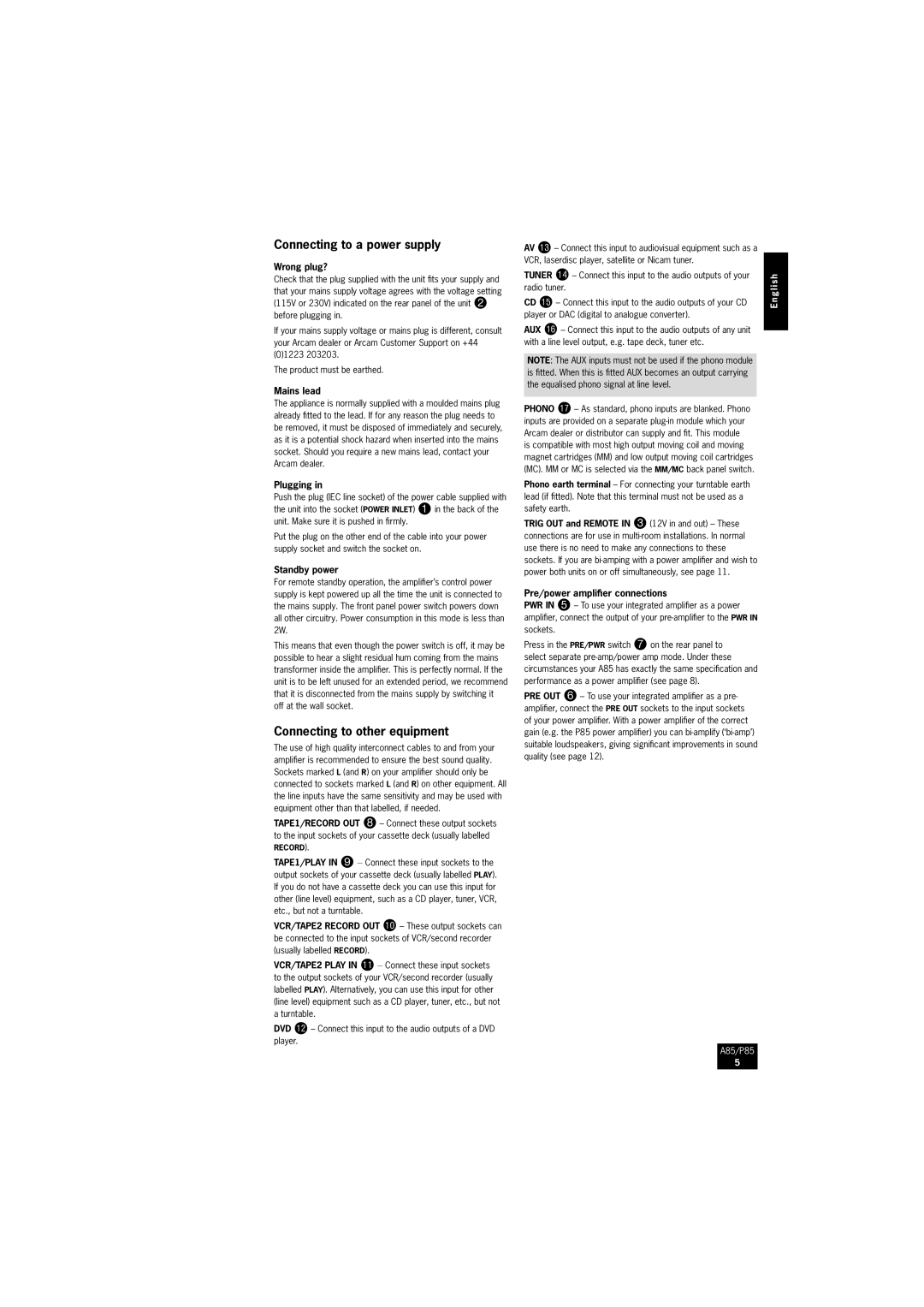 Arcam A85, P85/3 manual Connecting to a power supply, Connecting to other equipment 