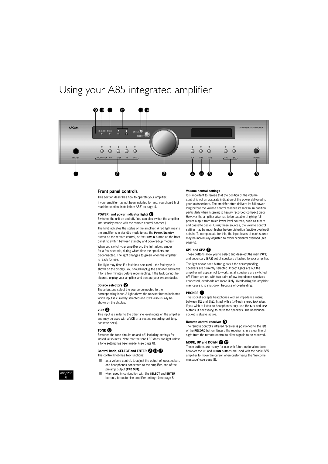 Arcam P85/3 manual Using your A85 integrated ampliﬁer, Front panel controls, Vcr, Tone, Phones 