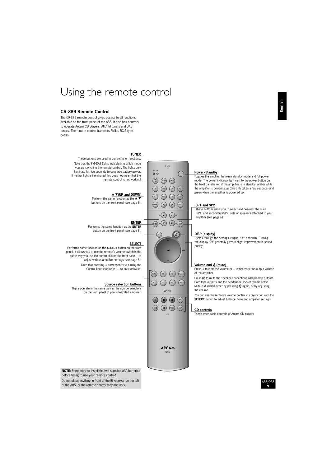 Arcam P85/3, A85 manual Using the remote control, CR-389 Remote Control, Tuner, Enter, Select 