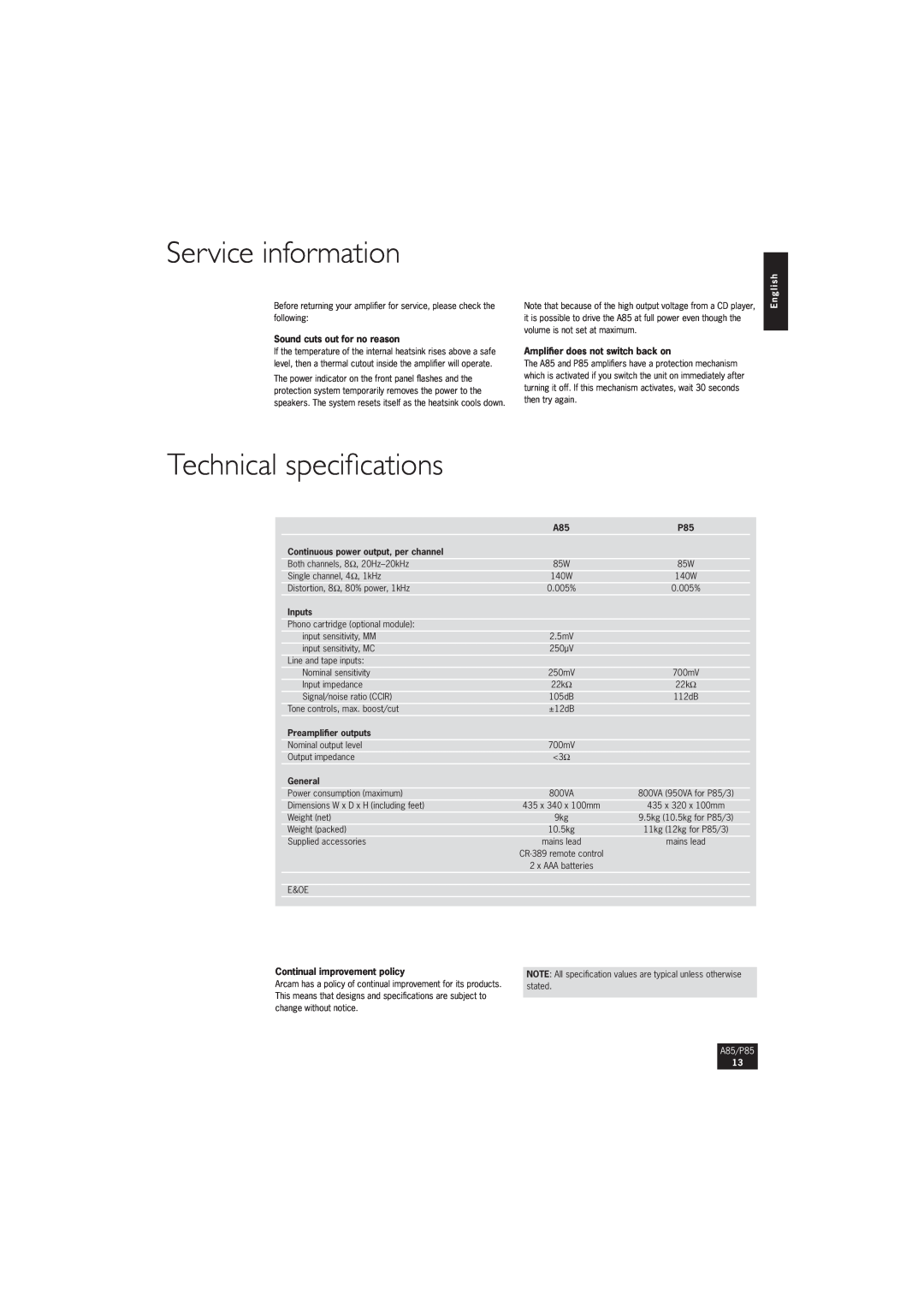 Arcam P85/3 Service information, Technical speciﬁcations, Sound cuts out for no reason, Ampliﬁer does not switch back on 