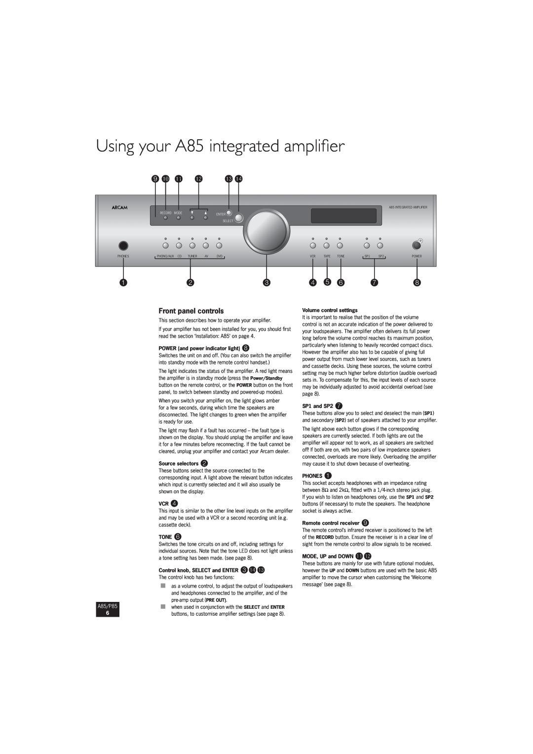 Arcam P85 Using your A85 integrated ampliﬁer, 9bk bl bm, Front panel controls, POWER and power indicator light, Tone, bnbo 