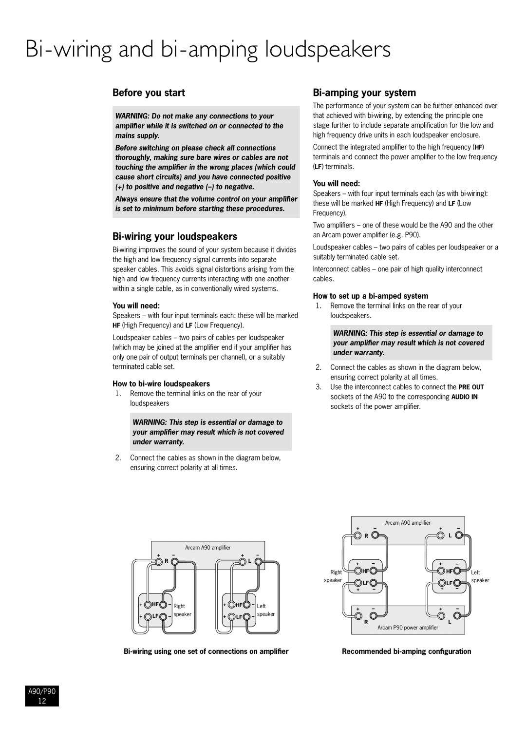 Arcam P90/3, A90 manual Bi-wiring and bi-amping loudspeakers, Before you start, Bi-wiring your loudspeakers 