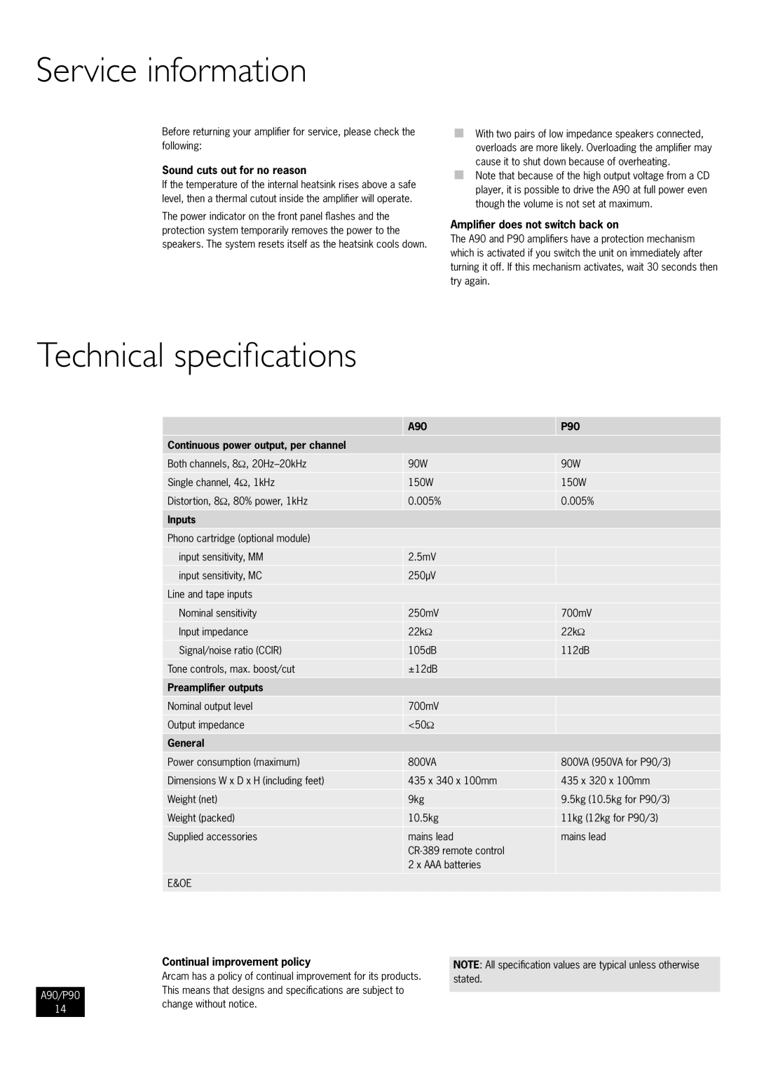 Arcam A90, P90/3 manual Service information, Technical specifications 