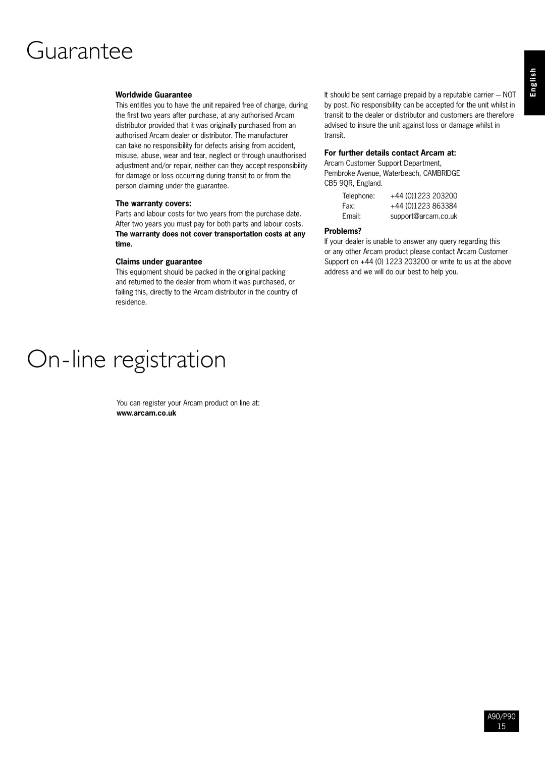 Arcam P90/3, A90 manual Guarantee, On-line registration 