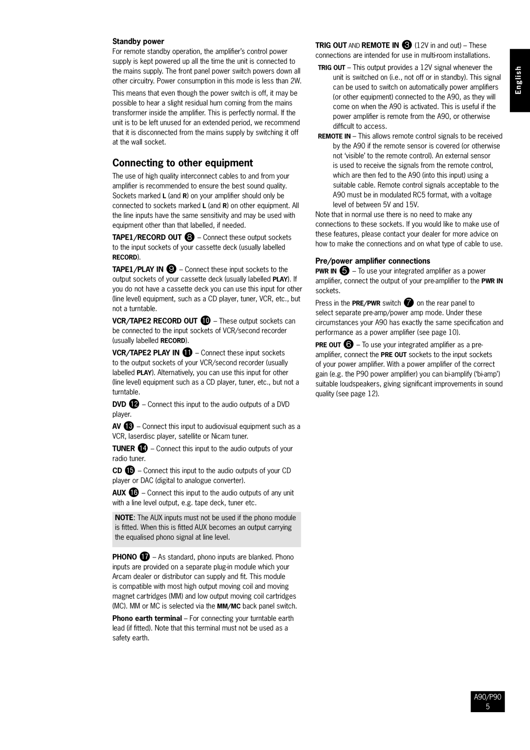 Arcam A90, P90/3 manual Connecting to other equipment, Standby power, Pre/power amplifier connections 