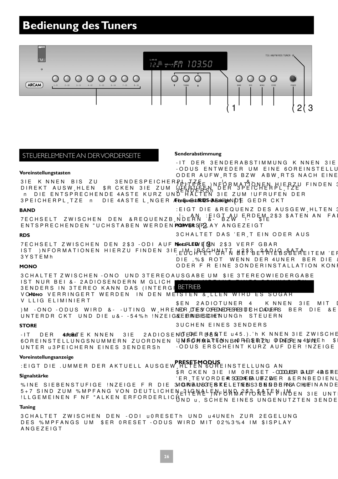 Arcam T31 manual Bedienung des Tuners, Steuerelemente AN DER Vorderseite, Betrieb, Preset-Modus 