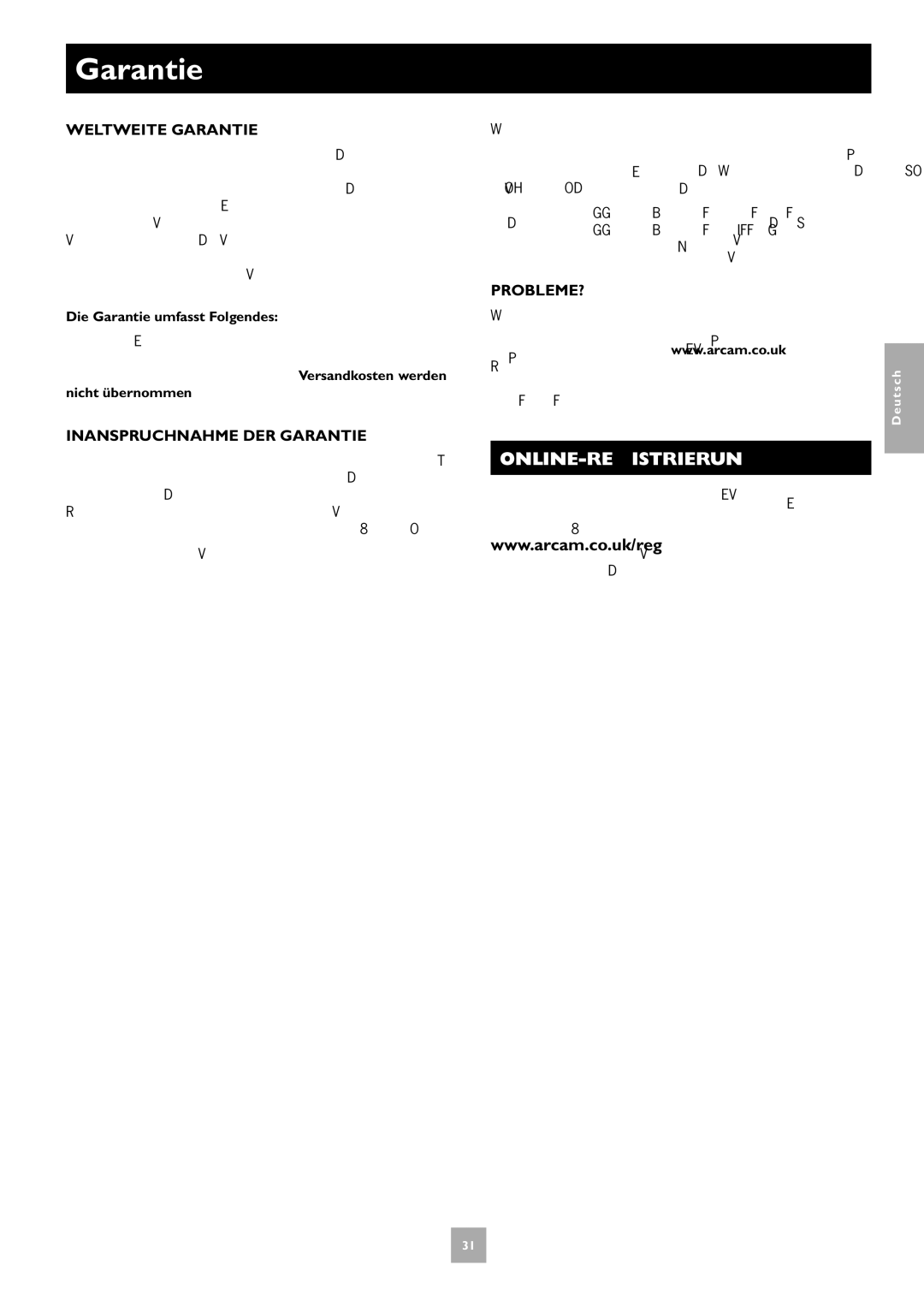 Arcam T31 manual Online-Registrierung, Weltweite Garantie, Inanspruchnahme DER Garantie, Probleme? 