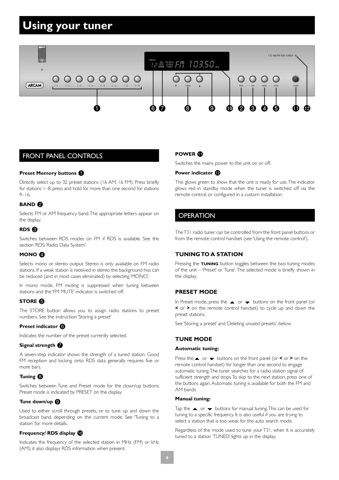 Arcam T31 manual Using your tuner, Front Panel Controls, Operation 