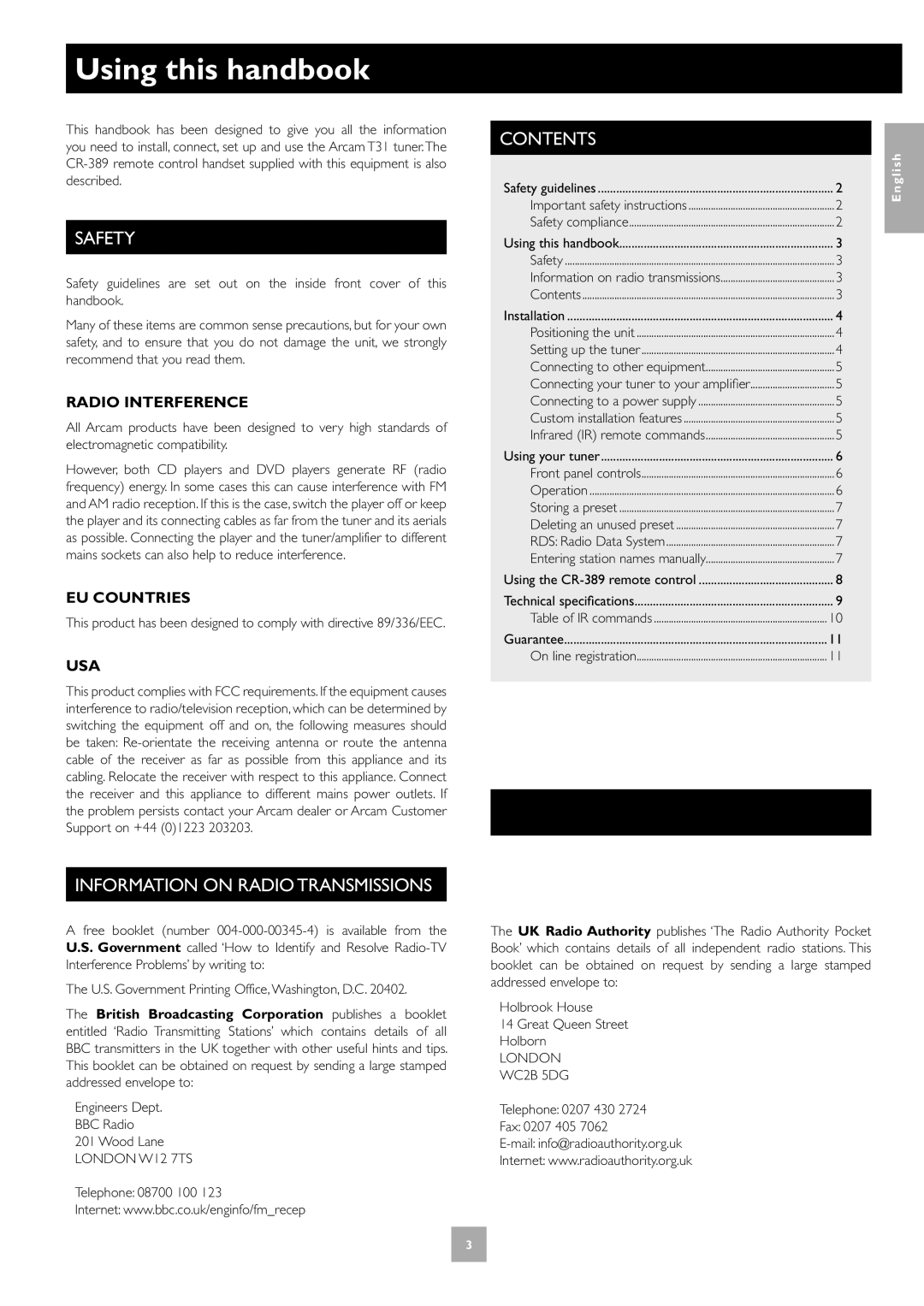 Arcam T31 manual Using this handbook, Safety, Contents, Information on Radio Transmissions 