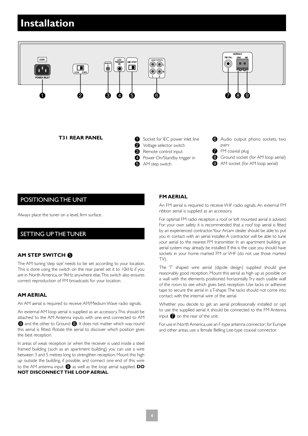 Arcam T31 manual Installation, Positioning the Unit, Setting UP the Tuner 
