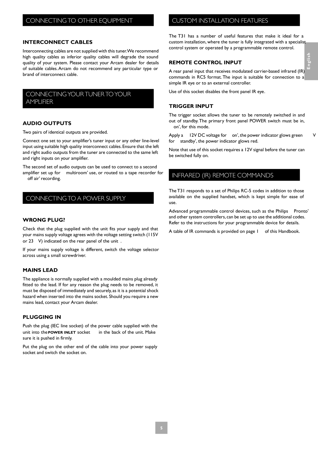 Arcam T31 manual Connecting to Other Equipment, Connecting Your Tuner to Your Amplifier, Connecting to a Power Supply 