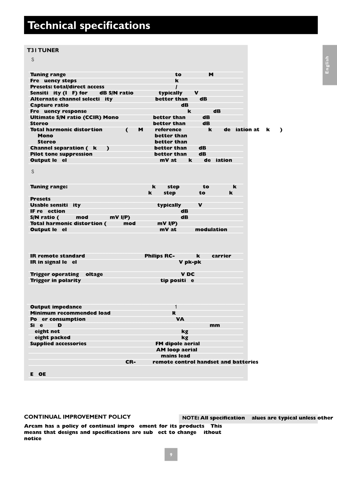 Arcam manual Technical specifications, T31 Tuner, Continual Improvement Policy 