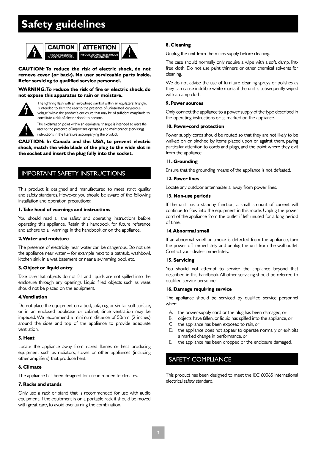 Arcam T31 manual Safety guidelines, Important Safety Instructions, Safety Compliance 