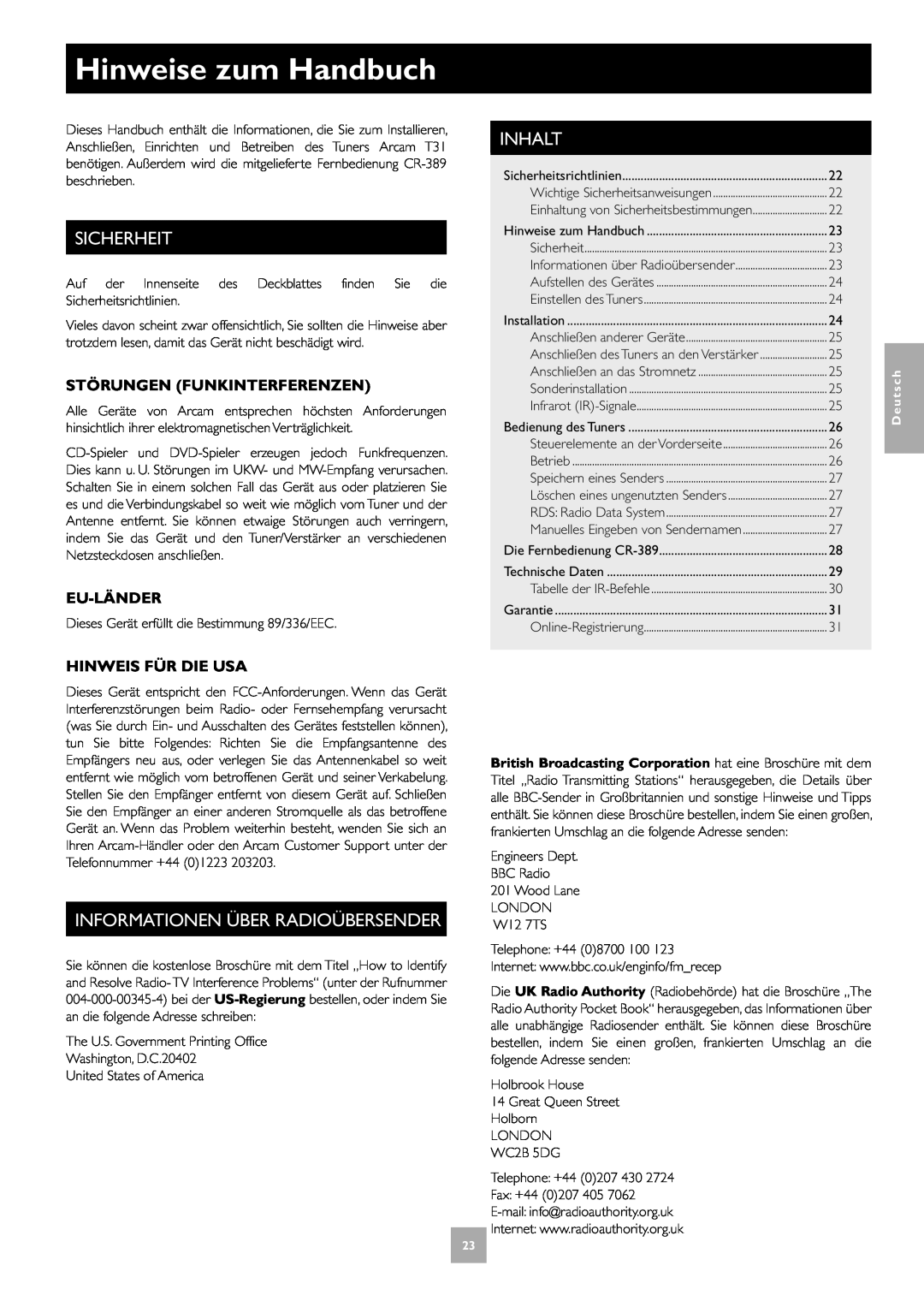 Arcam T31 manual Hinweise zum Handbuch, Sicherheit, Informationen Über Radioübersender, Inhalt, Störungen Funkinterferenzen 