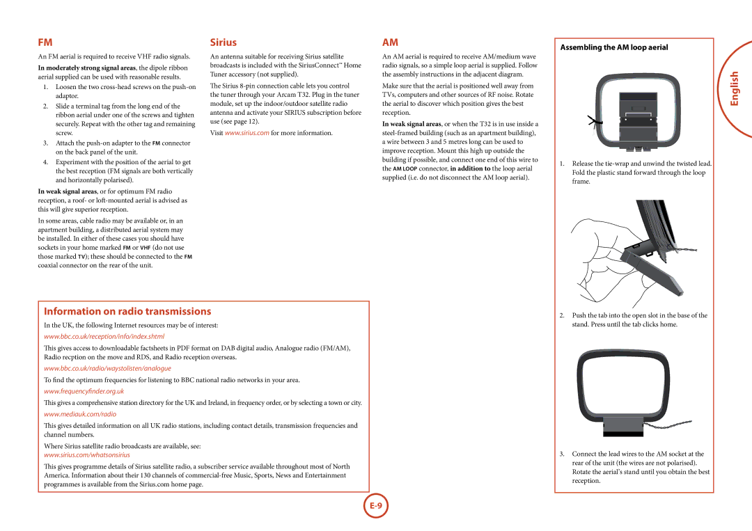 Arcam T32 manual Sirius, English Information on radio transmissions, Assembling the AM loop aerial 