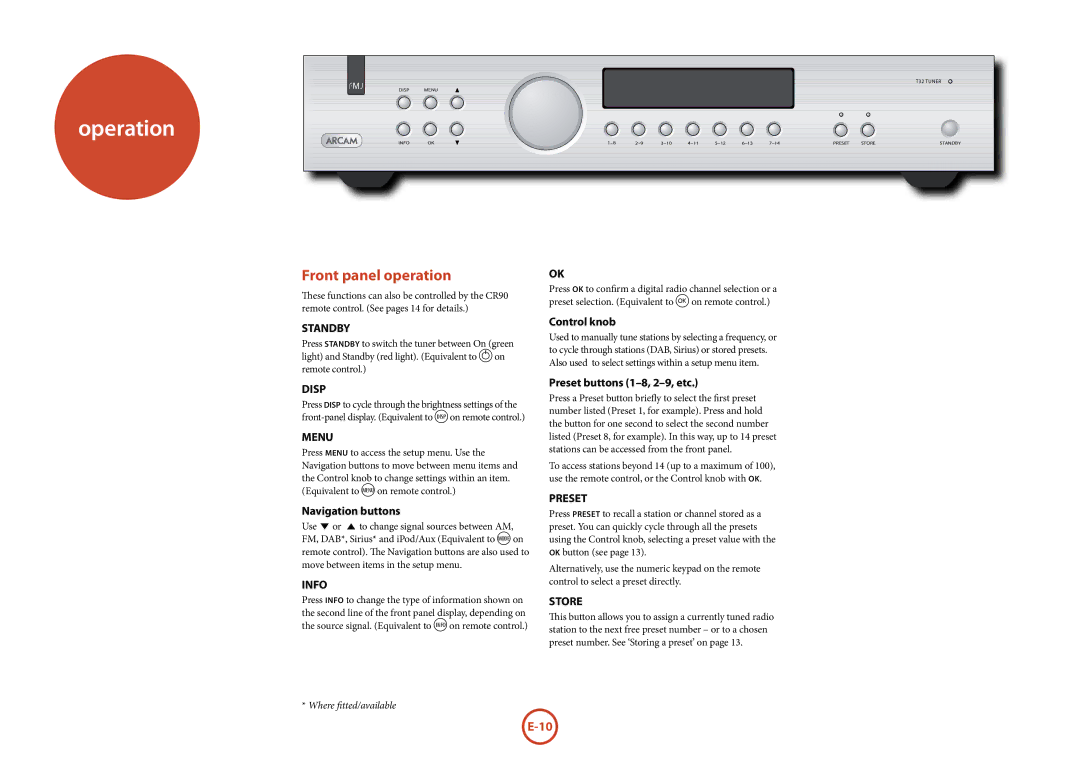 Arcam T32 manual Operation, Front panel operation, Control knob, Navigation buttons, Preset buttons 1-8, 2-9, etc 